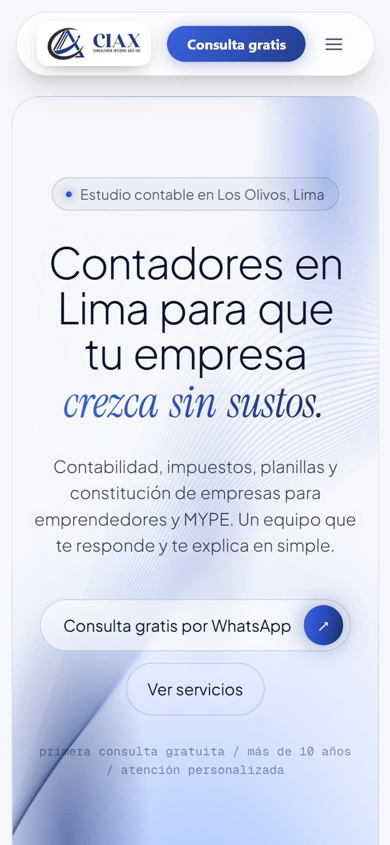 Versión celular de la web de asesoría contable