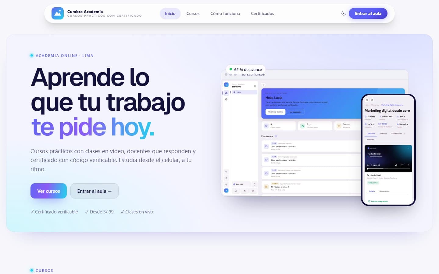 Web de academia online (demo) en Plantilla, hecha por Sunset Innovations